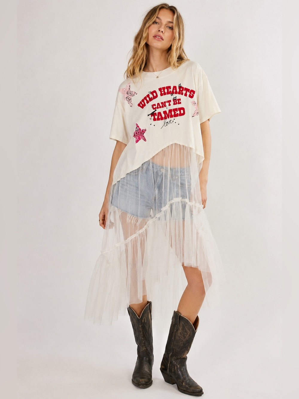 Tricia Fix White Graphic Tulle Tunic with Red & Pink Star Accents NWOT XS